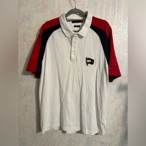 Tommy Hilfiger 2000s Waving Flag White Polo with Red & Navy Raglan Sleeves Sz Lg